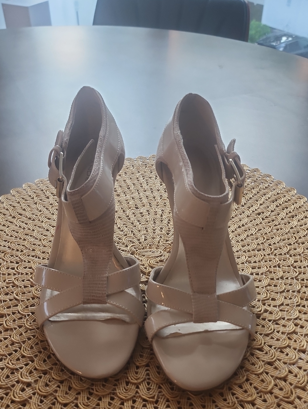 Women's Nude Patent T-Strap High Heel Sandals